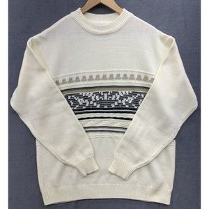 VTG LeMonde Sweater Mens Size X-LARGE Off White Geometric Knit Crew Neck Preppy